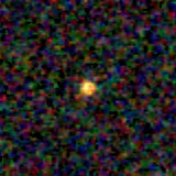 Colour composite: F444W red, F356W green, F277W blue, 3.2 arcsec across, north up