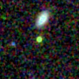 Colour composite: F444W red, F356W green, F277W blue, 3.2 arcsec across, north up