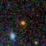 Colour composite: F444W red, F356W green, F277W blue, 3.2 arcsec across, north up