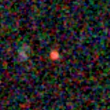 Colour composite: F444W red, F356W green, F277W blue, 3.2 arcsec across, north up