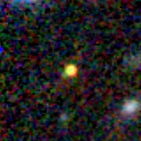 Colour composite: F444W red, F356W green, F277W blue, 3.2 arcsec across, north up