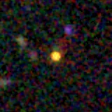 Colour composite: F444W red, F356W green, F277W blue, 3.2 arcsec across, north up