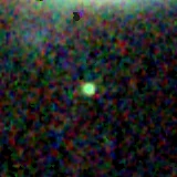 Colour composite: F444W red, F356W green, F277W blue, 3.2 arcsec across, north up