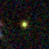 Colour composite: F444W red, F356W green, F277W blue, 3.2 arcsec across, north up
