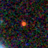 Colour composite: F444W red, F356W green, F277W blue, 3.2 arcsec across, north up