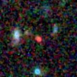 Colour composite: F444W red, F356W green, F277W blue, 3.2 arcsec across, north up