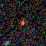 Colour composite: F444W red, F356W green, F277W blue, 3.2 arcsec across, north up