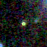 Colour composite: F444W red, F356W green, F277W blue, 3.2 arcsec across, north up
