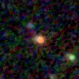 Colour composite: F444W red, F356W green, F277W blue, 3.2 arcsec across, north up