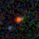 Colour composite: F444W red, F356W green, F277W blue, 3.2 arcsec across, north up