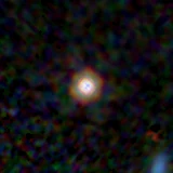 Colour composite: F444W red, F356W green, F277W blue, 3.2 arcsec across, north up