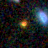 Colour composite: F444W red, F356W green, F277W blue, 3.2 arcsec across, north up