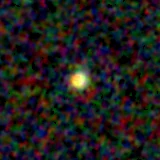 Colour composite: F444W red, F356W green, F277W blue, 3.2 arcsec across, north up