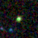 Colour composite: F444W red, F356W green, F277W blue, 3.2 arcsec across, north up