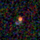 Colour composite: F444W red, F356W green, F277W blue, 3.2 arcsec across, north up