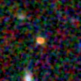 Colour composite: F444W red, F356W green, F277W blue, 3.2 arcsec across, north up