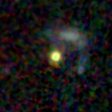 Colour composite: F444W red, F356W green, F277W blue, 3.2 arcsec across, north up