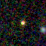 Colour composite: F444W red, F356W green, F277W blue, 3.2 arcsec across, north up
