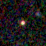Colour composite: F444W red, F356W green, F277W blue, 3.2 arcsec across, north up