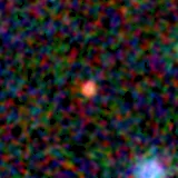Colour composite: F444W red, F356W green, F277W blue, 3.2 arcsec across, north up