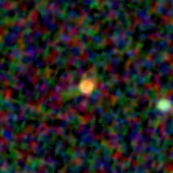 Colour composite: F444W red, F356W green, F277W blue, 3.2 arcsec across, north up