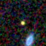 Colour composite: F444W red, F356W green, F277W blue, 3.2 arcsec across, north up