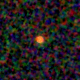 Colour composite: F444W red, F356W green, F277W blue, 3.2 arcsec across, north up