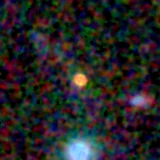 Colour composite: F444W red, F356W green, F277W blue, 3.2 arcsec across, north up
