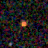 Colour composite: F444W red, F356W green, F277W blue, 3.2 arcsec across, north up