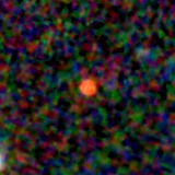 Colour composite: F444W red, F356W green, F277W blue, 3.2 arcsec across, north up