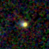 Colour composite: F444W red, F356W green, F277W blue, 3.2 arcsec across, north up