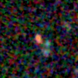 Colour composite: F444W red, F356W green, F277W blue, 3.2 arcsec across, north up