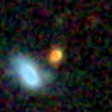 Colour composite: F444W red, F356W green, F277W blue, 3.2 arcsec across, north up
