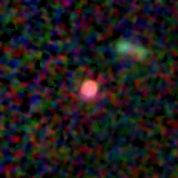 Colour composite: F444W red, F356W green, F277W blue, 3.2 arcsec across, north up
