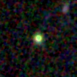 Colour composite: F444W red, F356W green, F277W blue, 3.2 arcsec across, north up