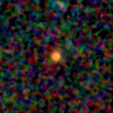 Colour composite: F444W red, F356W green, F277W blue, 3.2 arcsec across, north up