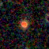 Colour composite: F444W red, F356W green, F277W blue, 3.2 arcsec across, north up
