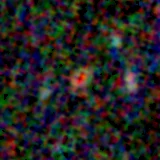 Colour composite: F444W red, F356W green, F277W blue, 3.2 arcsec across, north up
