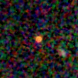 Colour composite: F444W red, F356W green, F277W blue, 3.2 arcsec across, north up