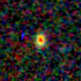 Colour composite: F444W red, F356W green, F277W blue, 3.2 arcsec across, north up