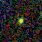 Colour composite: F444W red, F356W green, F277W blue, 3.2 arcsec across, north up