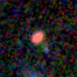 Colour composite: F444W red, F356W green, F277W blue, 3.2 arcsec across, north up