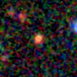 Colour composite: F444W red, F356W green, F277W blue, 3.2 arcsec across, north up
