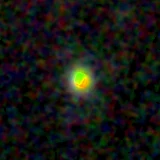 Colour composite: F444W red, F356W green, F277W blue, 3.2 arcsec across, north up