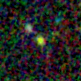 Colour composite: F444W red, F356W green, F277W blue, 3.2 arcsec across, north up