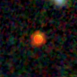 Colour composite: F444W red, F356W green, F277W blue, 3.2 arcsec across, north up