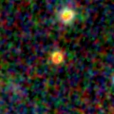 Colour composite: F444W red, F356W green, F277W blue, 3.2 arcsec across, north up