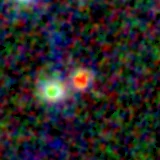 Colour composite: F444W red, F356W green, F277W blue, 3.2 arcsec across, north up