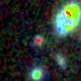 Colour composite: F444W red, F356W green, F277W blue, 3.2 arcsec across, north up