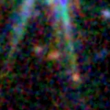 Colour composite: F444W red, F356W green, F277W blue, 3.2 arcsec across, north up